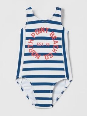 Zara Navy & White Striped One-Piece Swimsuit with Red Graphic 2-3 Years